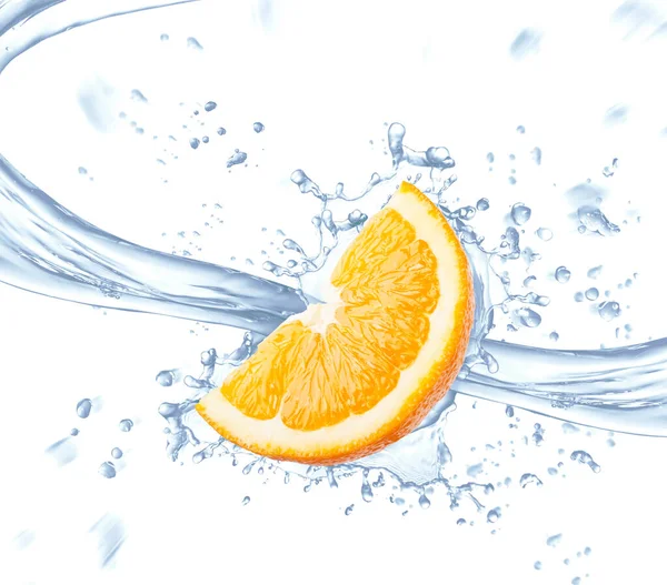 Orange Slice Spray Blue Water Isolated White Background — Stock Photo, Image