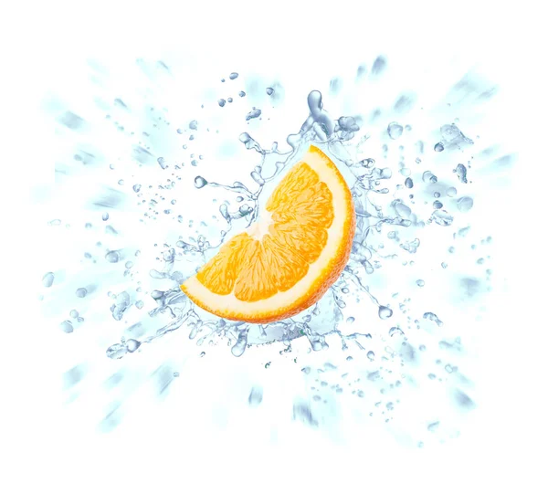 Оранжевый Ломтик Брызги Голубой Воды Изолированы Белом Фоне — стоковое фото
