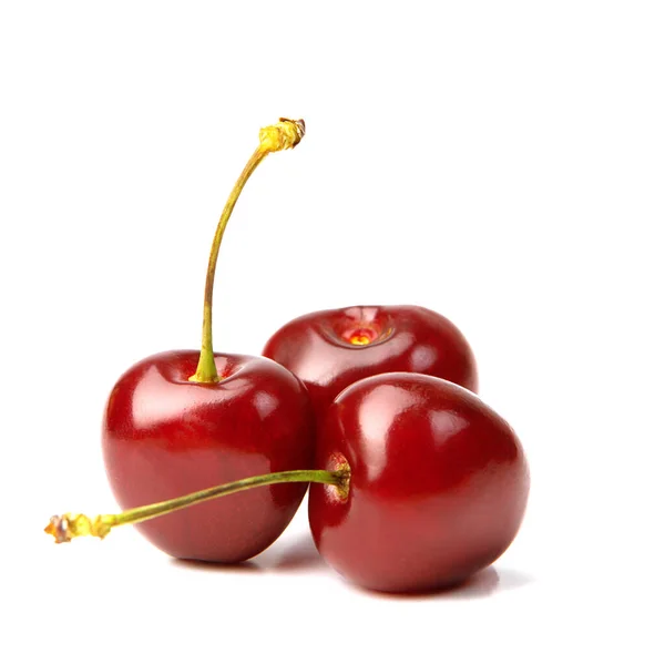 Three Red Ripe Cherries Lie White Background — Stock Photo, Image