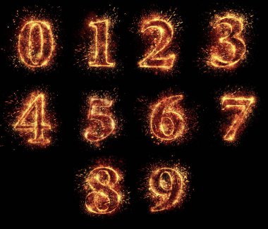 Bir dizi figür (0,1,2,3,4,5,7,8,9) siyah arkaplanda izole edilir