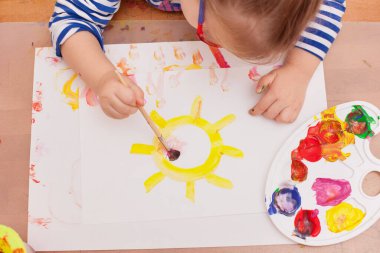 Yukarıdan bak. Çocuk bir fırça çizer ve beyaz kağıda resim yapar.