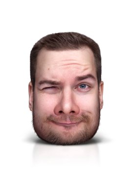 Beyazların üzerinde izole edilmiş bir adamın yüzündeki komik karikatür.