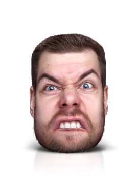 Beyazların üzerinde izole edilmiş bir adamın yüzündeki komik karikatür.