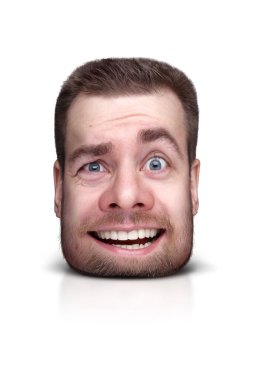 Beyazların üzerinde izole edilmiş bir adamın yüzündeki komik karikatür.