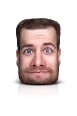 Beyazların üzerinde izole edilmiş bir adamın yüzündeki komik karikatür.