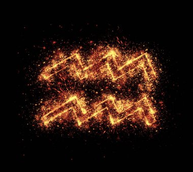 Kova sembolü kıvılcım siyah arkaplanda izole edilmiştir.