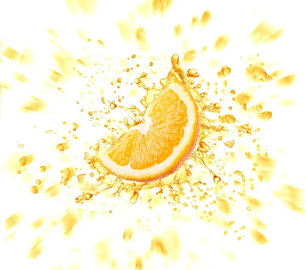 オレンジのスライスと白い背景に隔離されたジュースのスプレー — ストック写真
