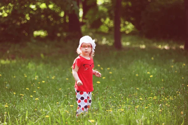 一个阳光灿烂的日子 小女孩在森林里散步 — 图库照片