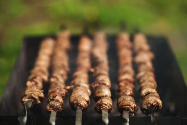 Skewers Chicken Hearts Roasted Coals — Stock Photo, Image