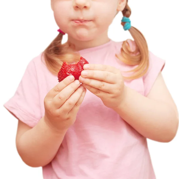 Young Girl Eating Large Ripe Strawberry Keeps Berry Hand Isolated — Stock Photo, Image