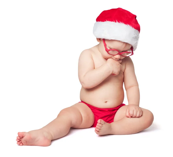 Little Cute Baby Red Santa Hat Red Glasses Sits White — Stock Photo, Image