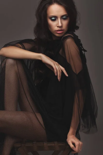 Young Slim Girl Black Sexy Fashionable Dress Posing Studio Long — Stock Photo, Image