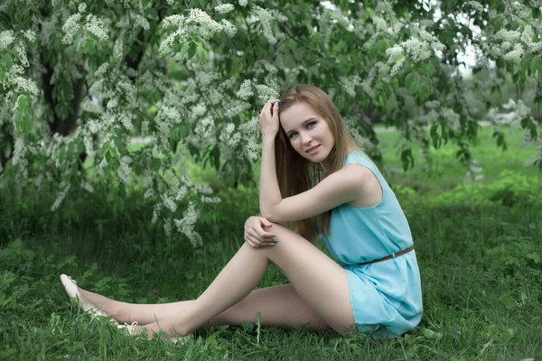 Retrato Uma Jovem Loira Vestido Azul Ela Está Sentada Relva — Fotografia de Stock