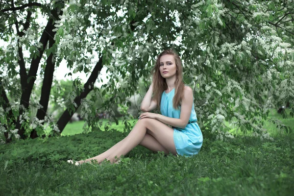 Retrato Uma Jovem Loira Vestido Azul Ela Está Sentada Relva — Fotografia de Stock