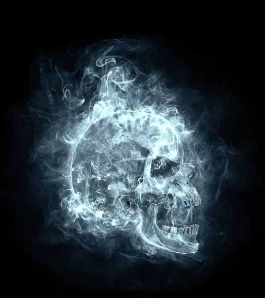 Crâne Dans Fumée Volant Sur Fond Noir — Photo