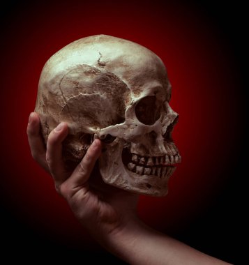 Siyah-kırmızı arka planda bir kafatası tutan el.