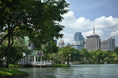 Nehir manzarası ve yüksek binalar. Tayland. Bangkok 'ta. Güneşli bir havada dinlenmek için park et.