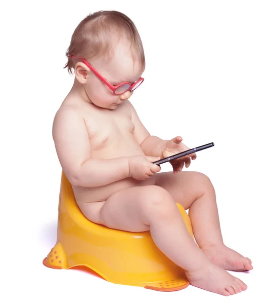 Little Baby Glasses Sitting Toilet Plays Your Phone Isolated White — Stock Photo, Image
