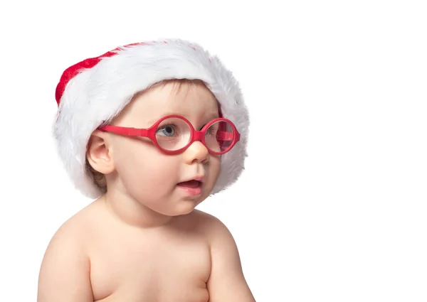 Little Cute Baby Red Santa Hat White Bacground Close Portrait — Stock Photo, Image