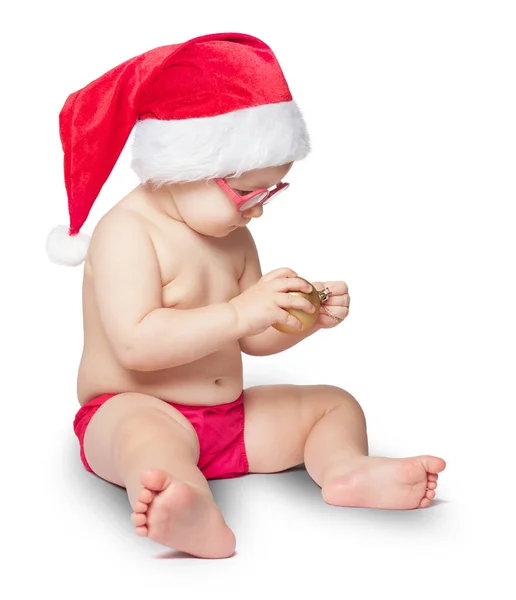 Pequeno Bonito Bebê Vermelho Santa Chapéu Isolado Fundo Branco — Fotografia de Stock