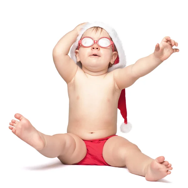 Little Cute Baby Red Santa Hat Red Glasses Barely Holds — Stock Photo, Image