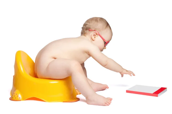 Little Baby Glasses Sitting Toilet Isolated White Background Pulls Her — Stock Photo, Image