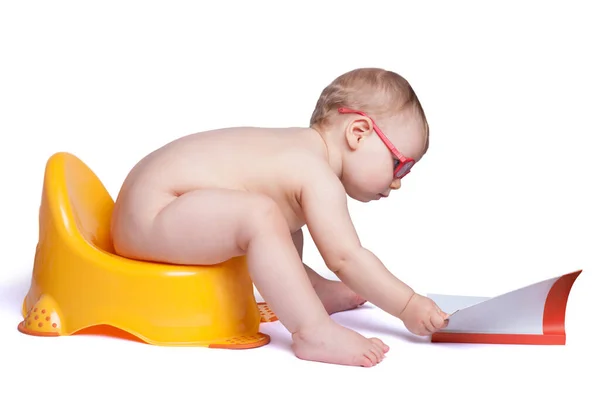 Little Baby Glasses Sitting Toilet Reading Book Isolated White Background — Stock Photo, Image