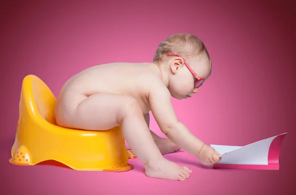 Little Baby Glasses Sitting Toilet Reading Book — Stock Photo, Image