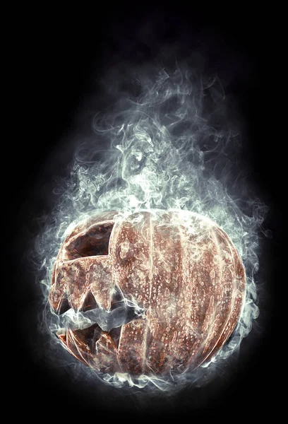 Fruktansvärda Halloween Pumpa Röken Flyger Svart Bakgrund — Stockfoto