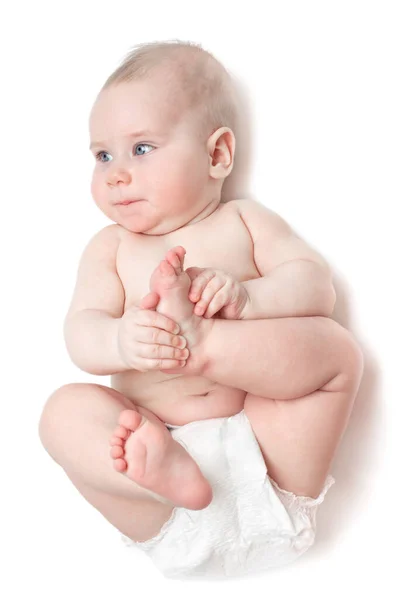 Small Beautiful Caucasian Child Lies Back Looking Aside Isolated White — Stock Photo, Image