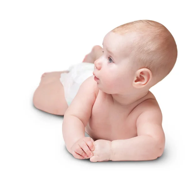 Small Beautiful Caucasian Child Lies One Side Looking Aside Isolated — Stock Photo, Image