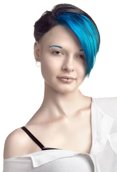 Kaunis Seksikäs Tyttö Sinisillä Hiuksilla Alakulttuuri Eristetty Valkoisella — kuvapankkivalokuva