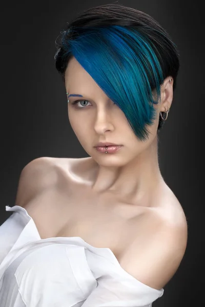 Gyönyörű Szexi Lány Kék Hajjal Szubkultúra — Stock Fotó
