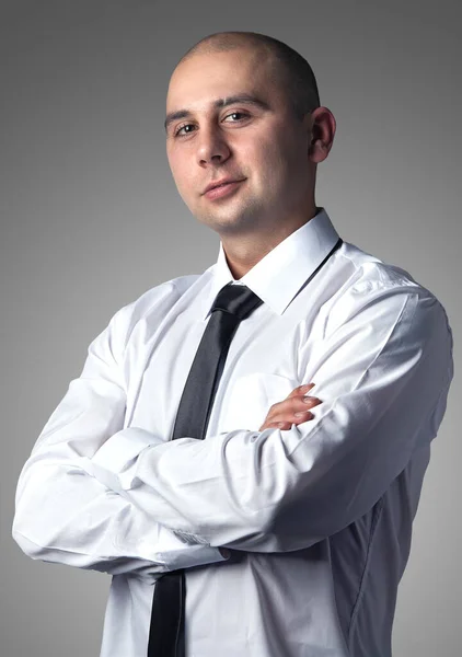 Man White Shirt Tie Gray Background — Stock Photo, Image