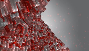 Vektör soyut 3D kristal. Şehrin çatılarının manzarası, büyük kaotik cam kolyeler..