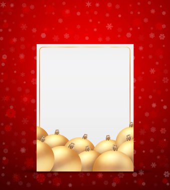 Altın toplu Noel topları için vektör şablonu. Kar taneleriyle kırmızı bir arkaplanda