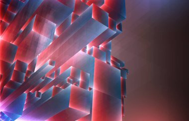 Vektör soyut 3D kristal. Şehrin çatılarının manzarası, büyük kaotik cam kolyeler..