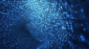 Işık saçan parçacıkların ve kristallerin mavi akışı, sanal veri