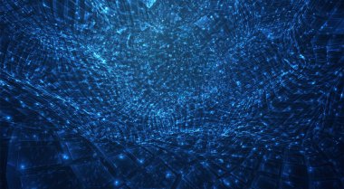 Işık saçan parçacıkların ve kristallerin mavi akışı, sanal veri