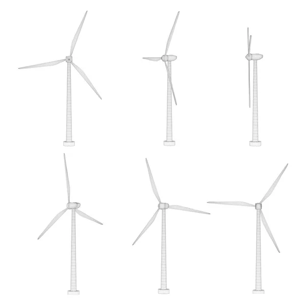 Three Wind Turbines Set Vector Images Concept Natural Energy — Stock Vector