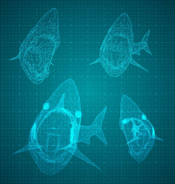 三角形の格子のベクトル3Dサメです 青い背景の捕食者 — ストックベクタ
