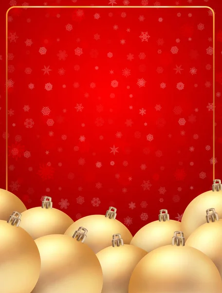 黄金の玉のクリスマスボールのベクトルテンプレート 雪の結晶がある赤い背景で — ストックベクタ