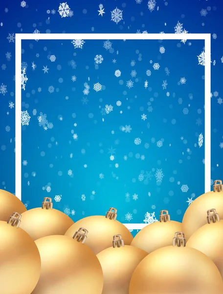 带有金色球的圣诞球矢量模板 在蓝色的背景上铺着雪花 — 图库矢量图片