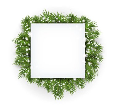 Kozalaklı ağaç dallarıyla vektör tasarım şablonu ve metin için yer. Beyaz arkaplanda izole