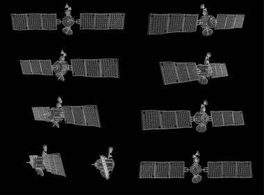 Vektör ayarlandı Dünya yörüngesinin haberleşme uydusu. Geleceğin uzay teknolojisi.