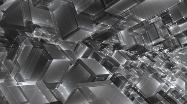 Vektör soyut 3D kristal. Şehrin çatılarının manzarası, büyük kaotik cam kolyeler..