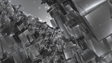 Vektör soyut 3D kristal. Şehrin çatılarının manzarası, büyük kaotik cam kolyeler..