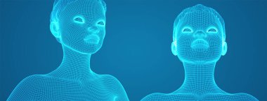 Saç stili olan güzel bir kızın 3 boyutlu vektör portresi, mavi arka planda açılar kümesi.