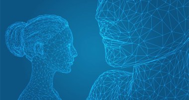 Saç stili olan güzel bir kızın 3 boyutlu vektör portresi, mavi arka planda açılar kümesi.