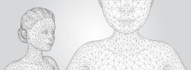 Saç stili olan güzel bir kızın üç boyutlu vektör portresi, beyaz bir arka planda açılar kümesi.